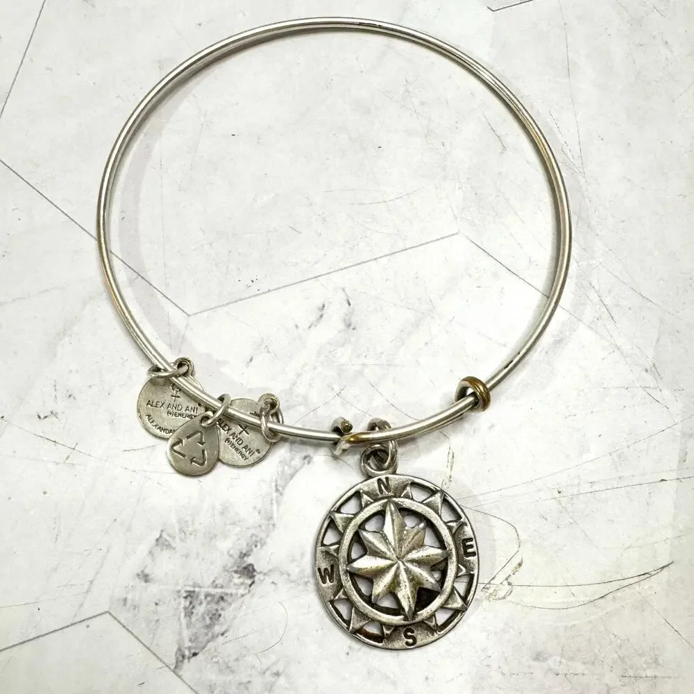 Alex And Ani Charm Bracelets Silver Tone Compass G Initial Bamboo Link Lot of 3